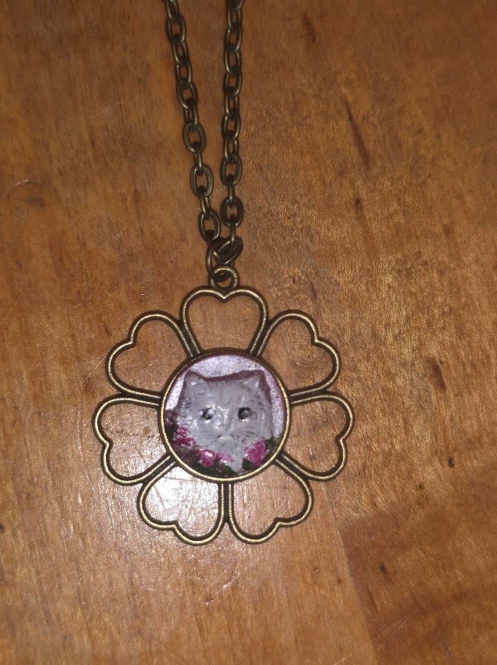 Pink Cat Cameo Pendant Inside Floral Frame On Bronze Tone Chain Necklace